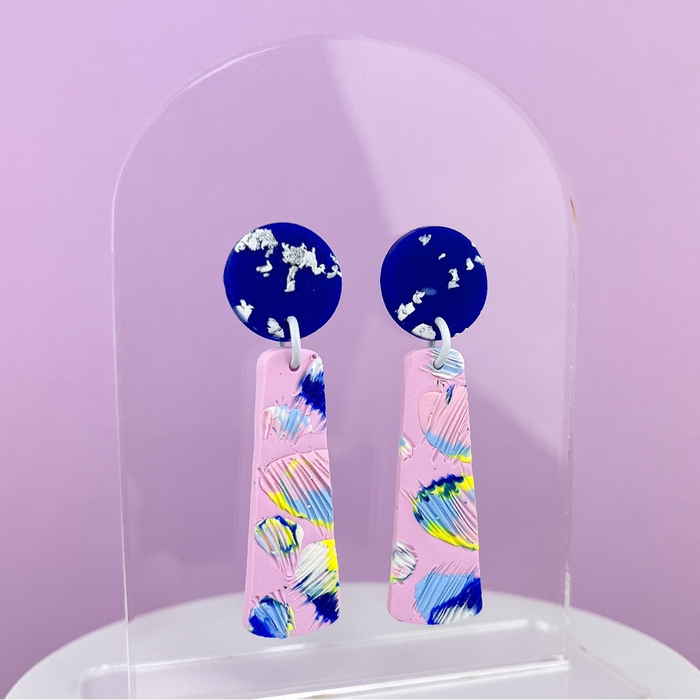 Colorful Abstract Design Polymer Clay Dangle Earrings Handmade Funky - Picture 3 of 10